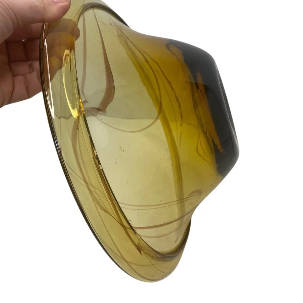 Amber Yellow Art Glass Decorative Fruit Bowl‎ Swirl Hand-Blown Mexico 12